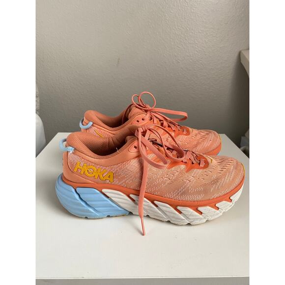 HOKA ONE ONE Gaviota 4 WIDE Women’s 8D Coral Peach Blue Running Shoes - Picture 1 of 11